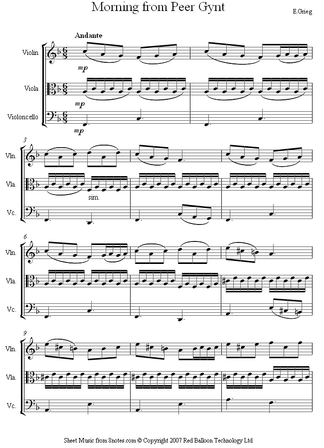 Grieg - Morning from Peer Gynt sheet music for String trio Grieg - Morning from Peer Gynt sheet music for String trio