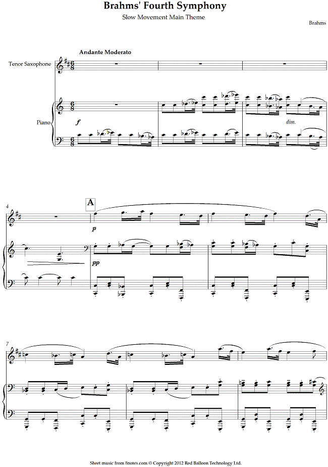 Brahms - Fourth Symphony Slow Movement Main Theme sheet music for Tenor Saxophone Brahms - Fourth Symphony Slow Movement Main Theme sheet music for Tenor Saxophone