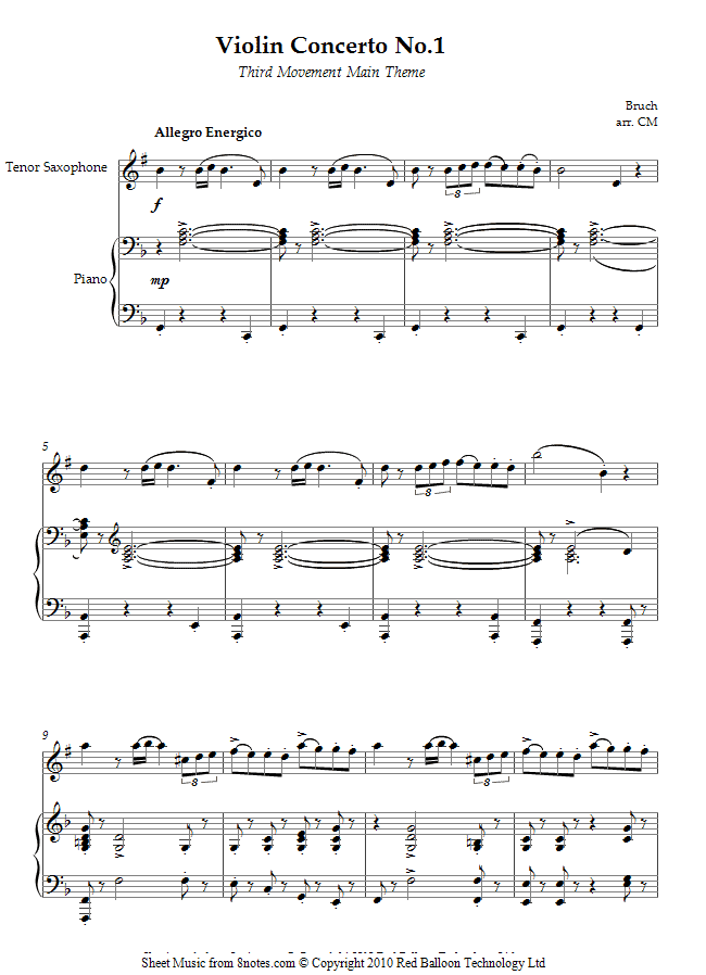 Bruch - Violin Concerto No.1 (3rd mvt main theme) sheet music for Tenor Saxophone Bruch - Violin Concerto No.1 (3rd mvt main theme) sheet music for Tenor Saxophone