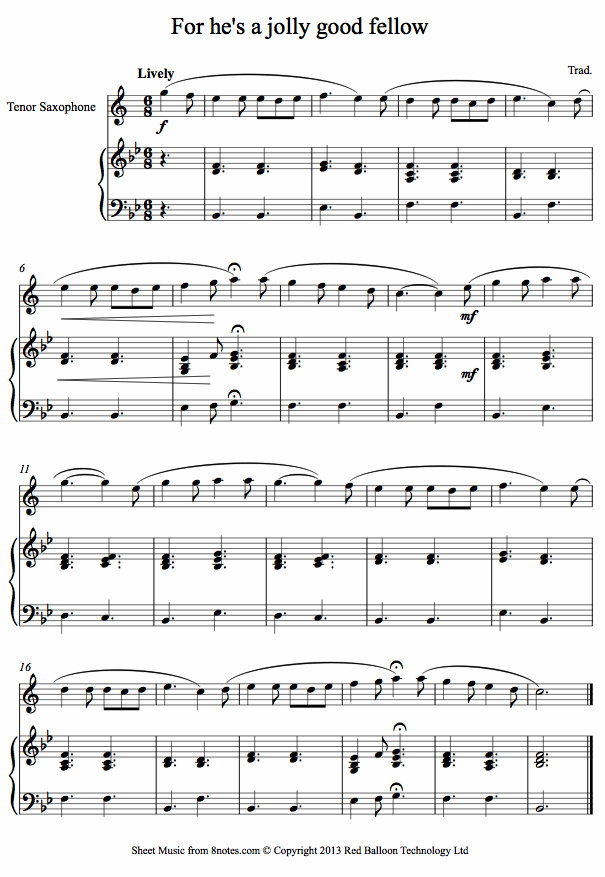 For he's a jolly good fellow sheet music for Tenor Saxophone For he's a jolly good fellow sheet music for Tenor Saxophone