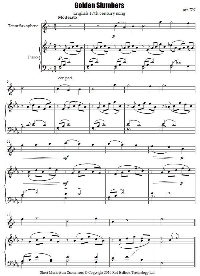 Golden Slumbers sheet music for Tenor Saxophone Golden Slumbers sheet music for Tenor Saxophone