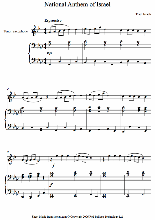 Israeli National Anthem (Hatikvah) sheet music for Tenor Saxophone Israeli National Anthem (Hatikvah) sheet music for Tenor Saxophone