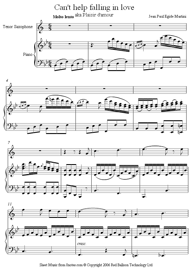 Elvis Presley - I Cant Help Falling in love with you (aka Plaisir damour) sheet music for Tenor Saxophone Elvis Presley - I Cant Help Falling in love with you (aka Plaisir damour) sheet music for Tenor Saxophone
