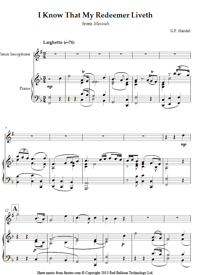 Handel - I Know That My Redeemer Liveth from Messiah sheet music for Tenor Saxophone Handel - I Know That My Redeemer Liveth from Messiah sheet music for Tenor Saxophone