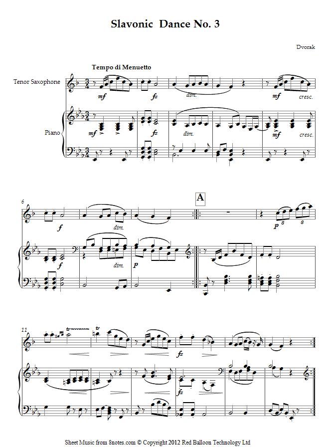 Dvořák - Slavonic Dance No. 3 sheet music for Tenor Saxophone Dvořák - Slavonic Dance No. 3 sheet music for Tenor Saxophone