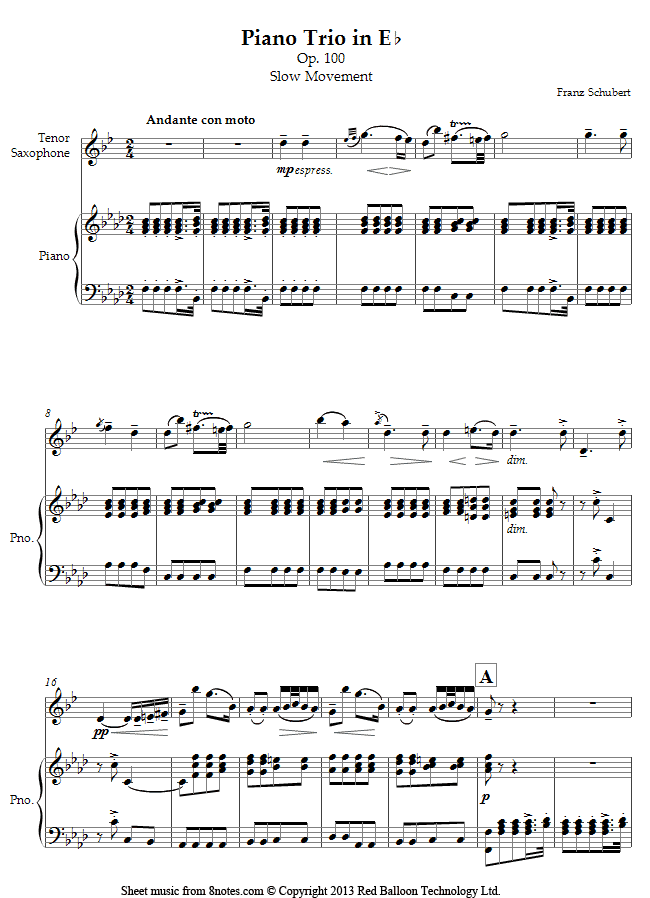 Schubert - Piano Trio in Eb Op.100 Slow movement (arranged for tenor sax and piano) sheet music for Tenor Saxophone Schubert - Piano Trio in Eb Op.100 Slow movement (arranged for tenor sax and piano) sheet music for Tenor Saxophone