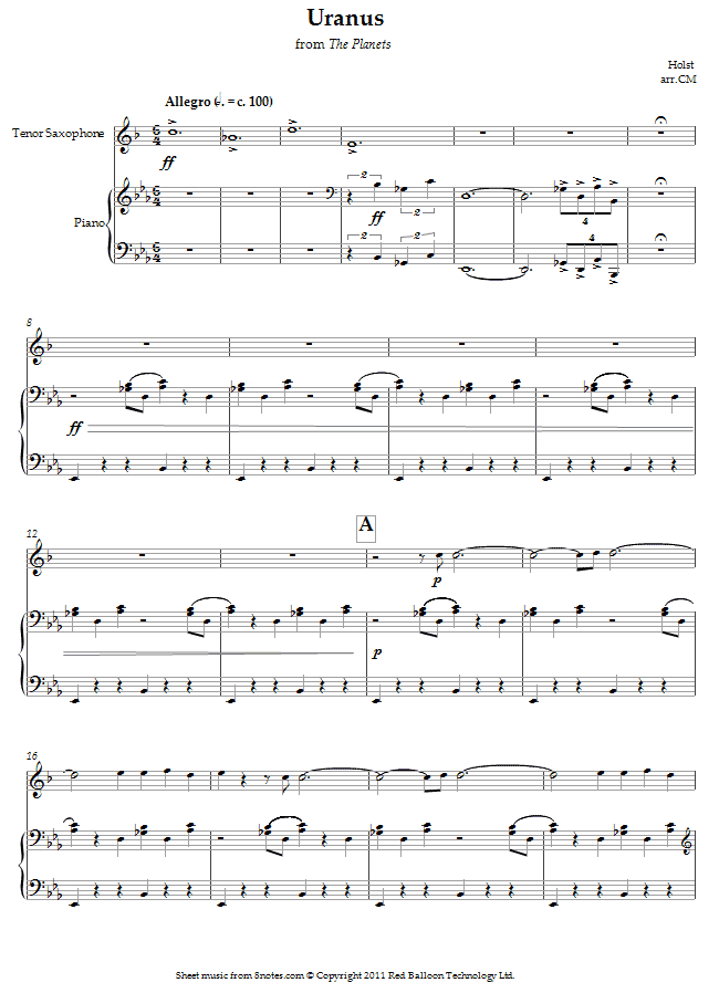Holst - Uranus from The Planets sheet music for Tenor Saxophone Holst - Uranus from The Planets sheet music for Tenor Saxophone