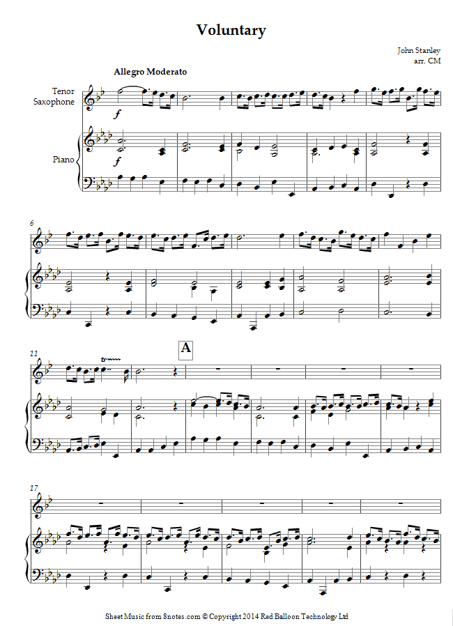 John Stanley - Voluntary in D sheet music for Tenor Saxophone John Stanley - Voluntary in D sheet music for Tenor Saxophone