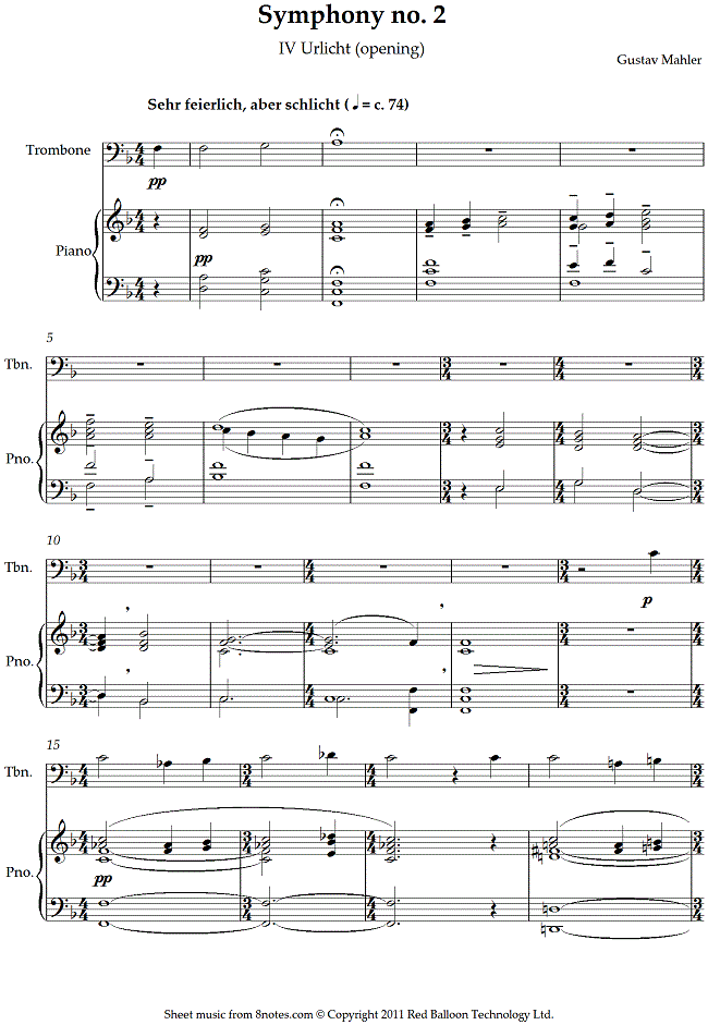Mahler - Symphony no. 2 IV Urlicht (opening) sheet music for Trombone Mahler - Symphony no. 2 IV Urlicht (opening) sheet music for Trombone