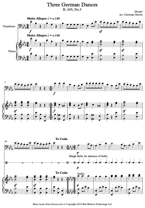 Mozart Three German Dances K. 605, No.3 sheet music for Trombone