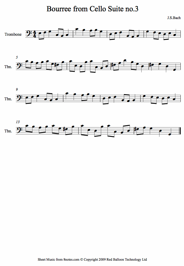 Bach - Bourree from Cello Suite no.3 sheet music for Trombone Bach - Bourree from Cello Suite no.3 sheet music for Trombone