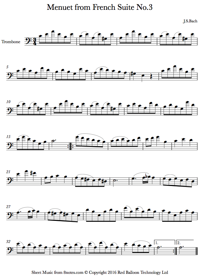 Bach - Menuet from French Suite No.3 sheet music for Trombone Bach - Menuet from French Suite No.3 sheet music for Trombone
