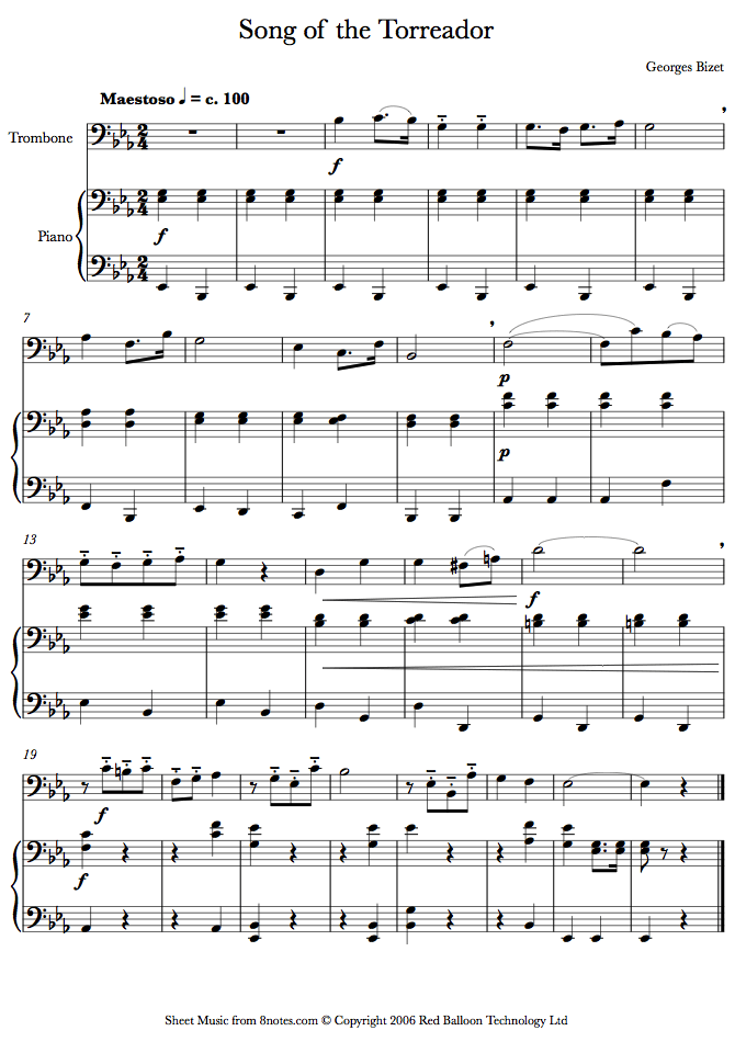 Bizet - Song of the Torreadore from Carmen sheet music for Trombone Bizet - Song of the Torreadore from Carmen sheet music for Trombone