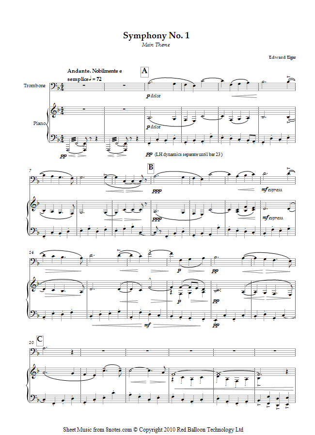 Elgar - Symphony No. 1 Opening Theme sheet music for Trombone Elgar - Symphony No. 1 Opening Theme sheet music for Trombone