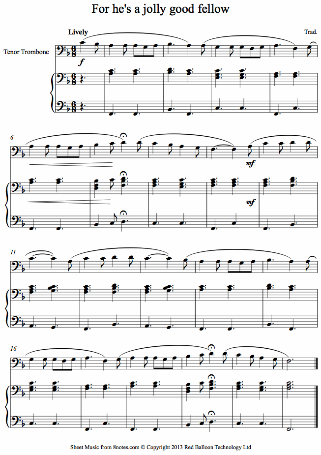 For he's a jolly good fellow sheet music for Trombone For he's a jolly good fellow sheet music for Trombone