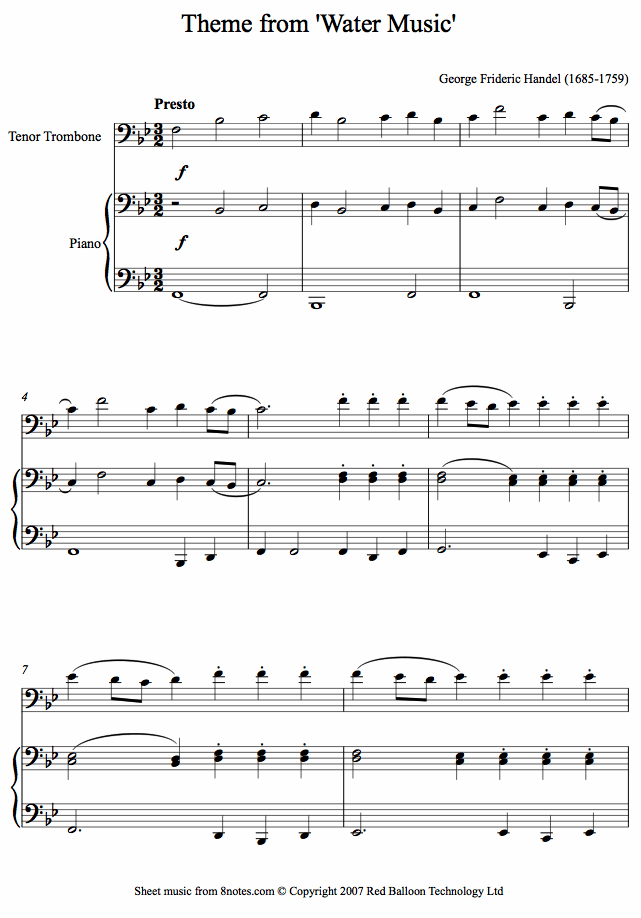 Handel - Theme from Water Music sheet music for Trombone Handel - Theme from Water Music sheet music for Trombone