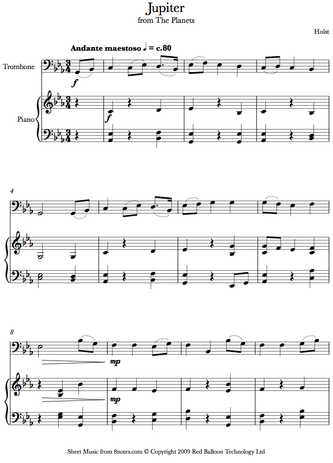 Holst - Jupiter from the Planets (theme) sheet music for Trombone Holst - Jupiter from the Planets (theme) sheet music for Trombone