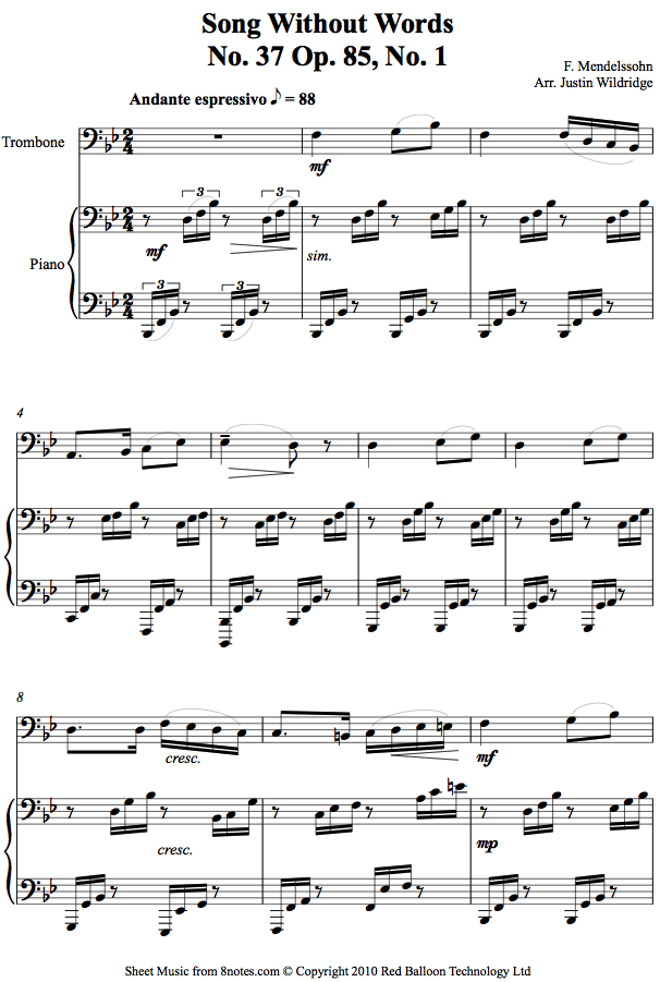 Mendelssohn - Song Without Words No. 37 Op. 85, No. 1 sheet music for Trombone Mendelssohn - Song Without Words No. 37 Op. 85, No. 1 sheet music for Trombone