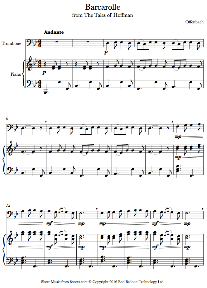 Offenbach - Barcarolle from Tales of Hoffman sheet music for Trombone Offenbach - Barcarolle from Tales of Hoffman sheet music for Trombone