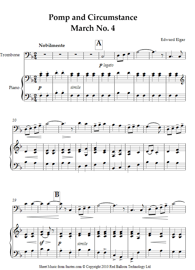 Elgar - Pomp and Circumstance March No. 4 sheet music for Trombone Elgar - Pomp and Circumstance March No. 4 sheet music for Trombone