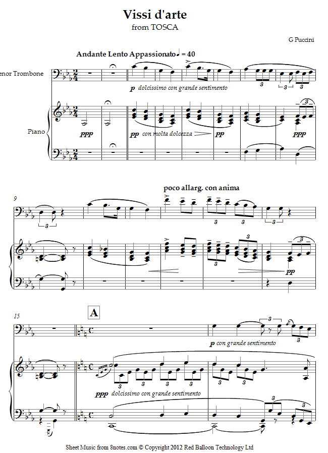 Puccini - Vissi d`arte from Tosca sheet music for Trombone Puccini - Vissi d`arte from Tosca sheet music for Trombone