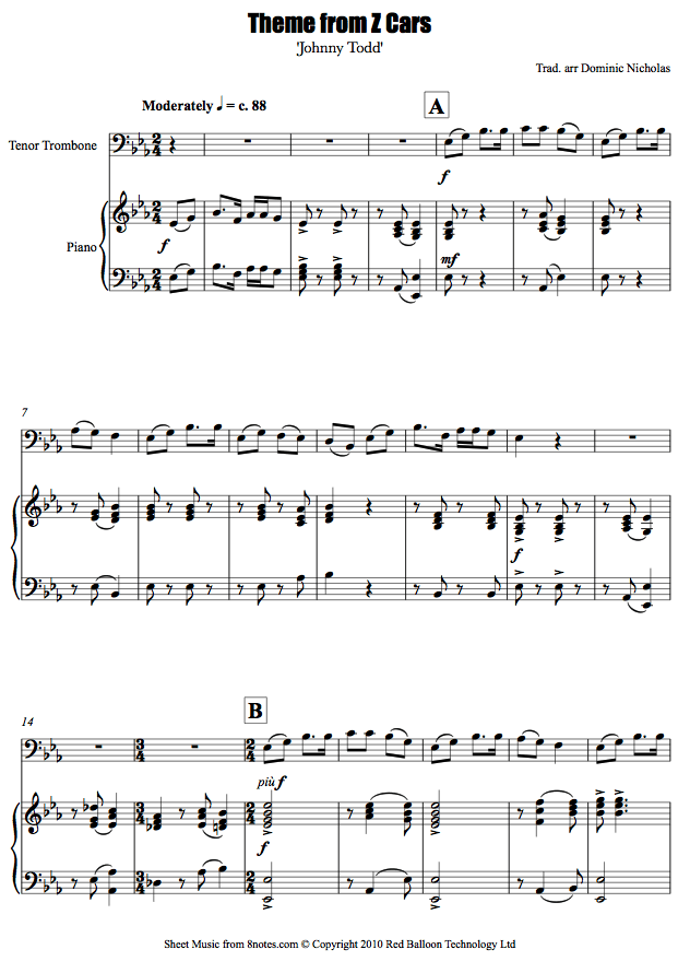 Theme from Z Cars 'Johnny Todd' sheet music for Trombone Theme from Z Cars 'Johnny Todd' sheet music for Trombone