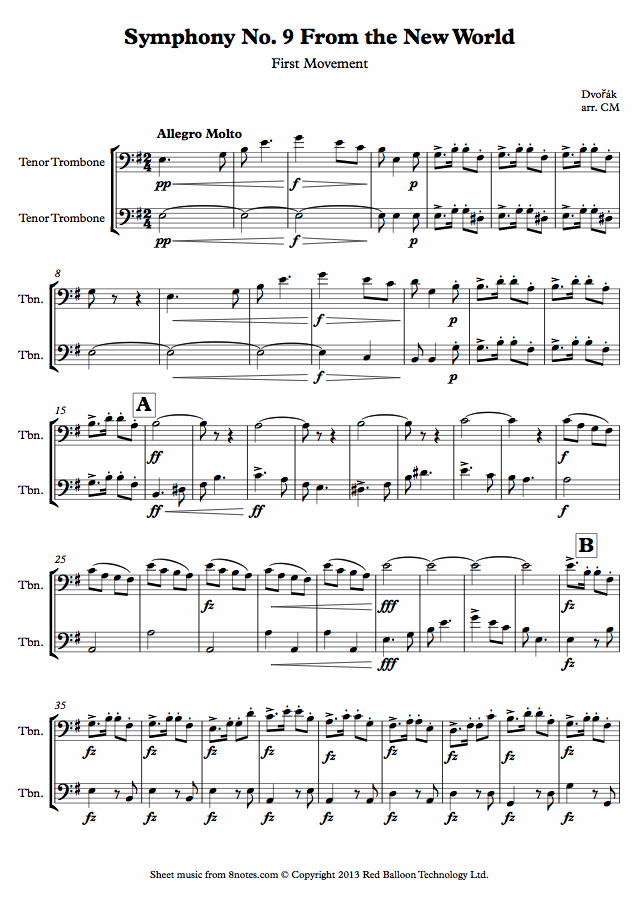 Dvořák - Symphony No. 9 From the New World 1st movement sheet music for Trombone Duet Dvořák - Symphony No. 9 From the New World 1st movement sheet music for Trombone Duet