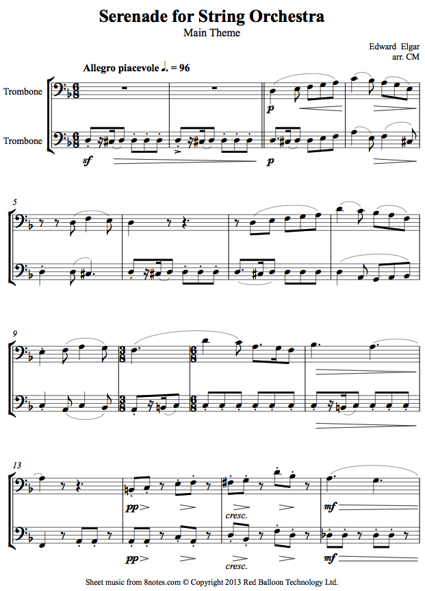 Elgar - Serenade for String Orchestra Main Theme sheet music for Trombone Duet Elgar - Serenade for String Orchestra Main Theme sheet music for Trombone Duet