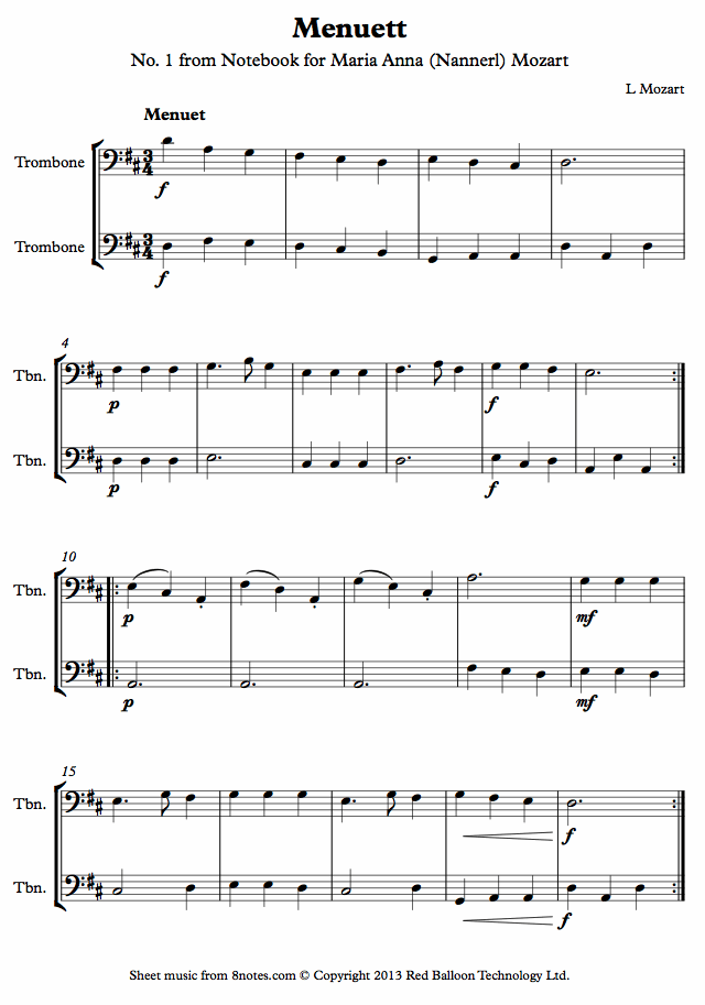 Mozart - Menuett in A No. 12 from Notebook for Maria Anna (Nannerl) Mozart sheet music for Trombone Duet Mozart - Menuett in A No. 12 from Notebook for Maria Anna (Nannerl) Mozart sheet music for Trombone Duet