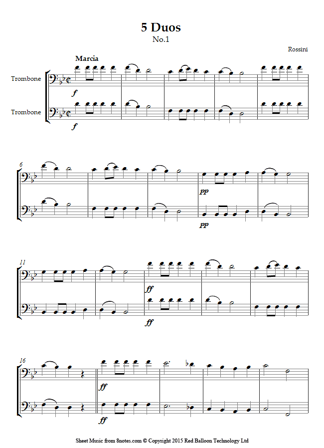 Rossini 5 Duos No.1 Marcia sheet music for Trombone Duet