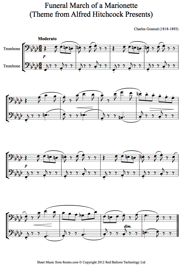 Gounod - Funeral March of a Marionette (Theme from Alfred Hitchcock Presents) sheet music for Trombone Duet Gounod - Funeral March of a Marionette (Theme from Alfred Hitchcock Presents) sheet music for Trombone Duet