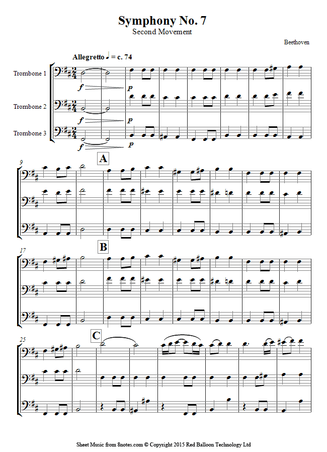 Beethoven 7th Symphony 2nd mvt theme sheet music for Trombone Trio