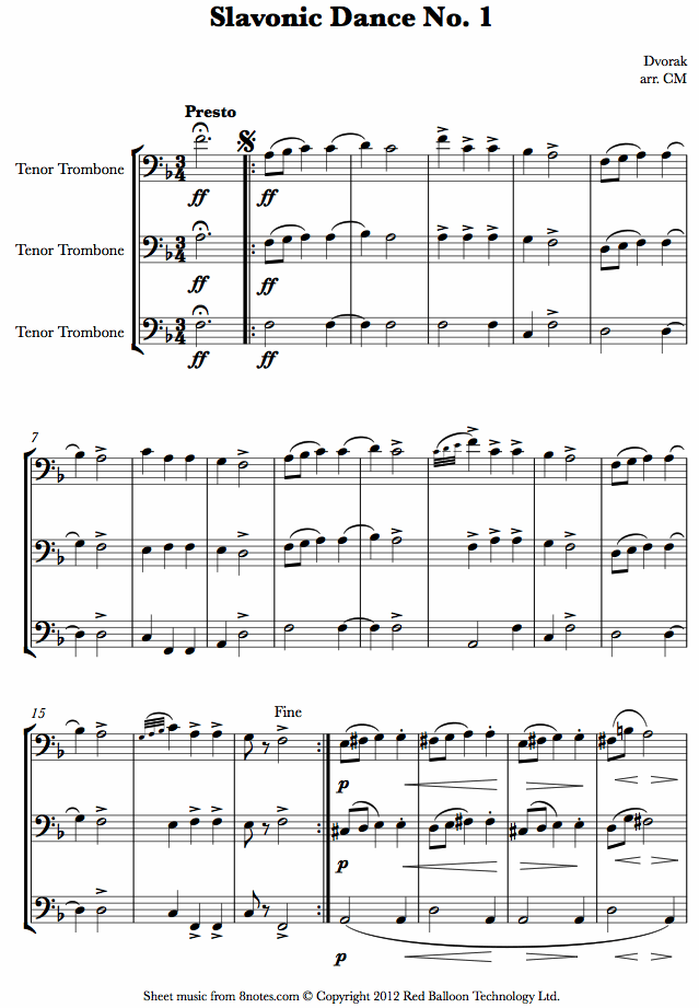 Dvořák - Slavonic Dance No. 1 sheet music for Trombone Trio Dvořák - Slavonic Dance No. 1 sheet music for Trombone Trio