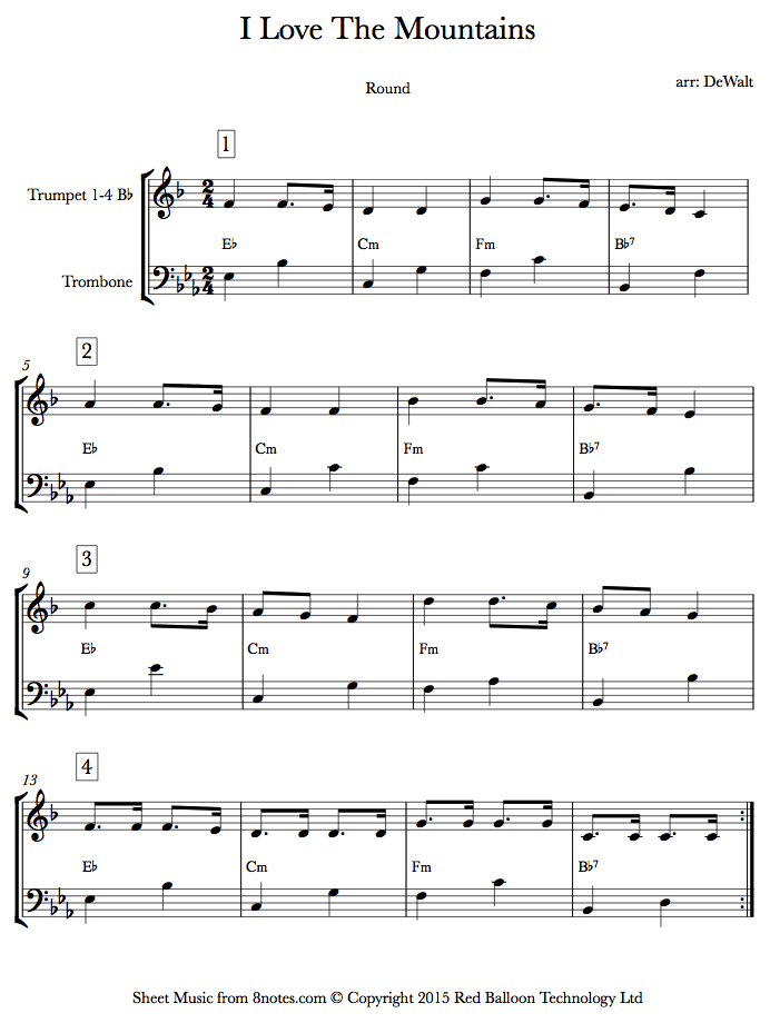 I Love The Mountains (Round) sheet music for TrumpetTrombone Duet