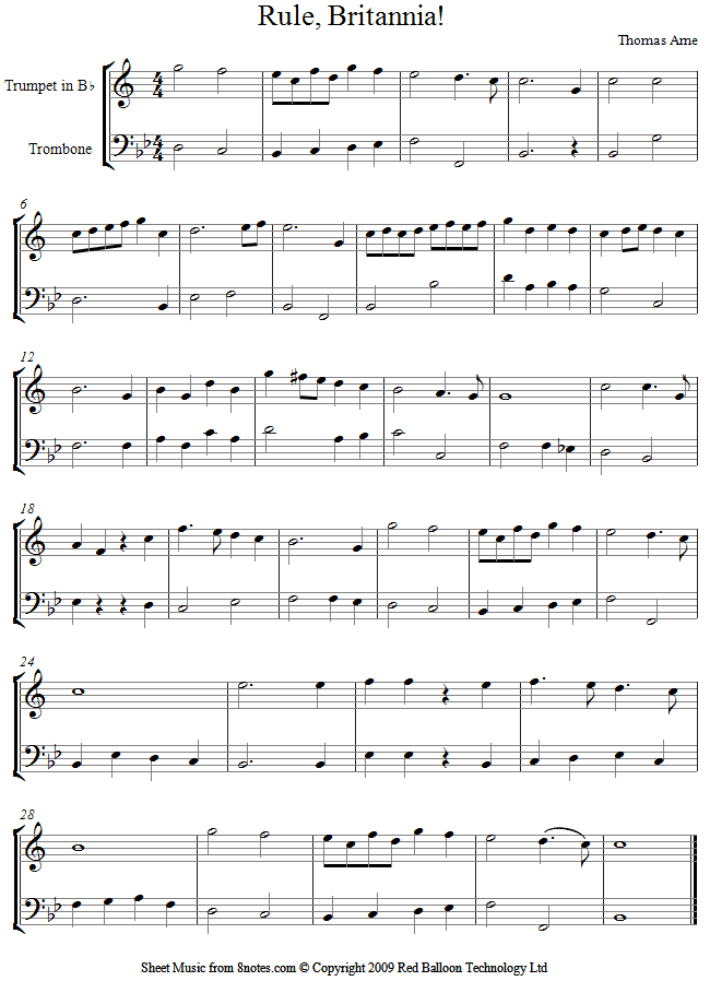 Arne - Rule Britannia! sheet music for Trumpet-Trombone Duet Arne - Rule Britannia! sheet music for Trumpet-Trombone Duet