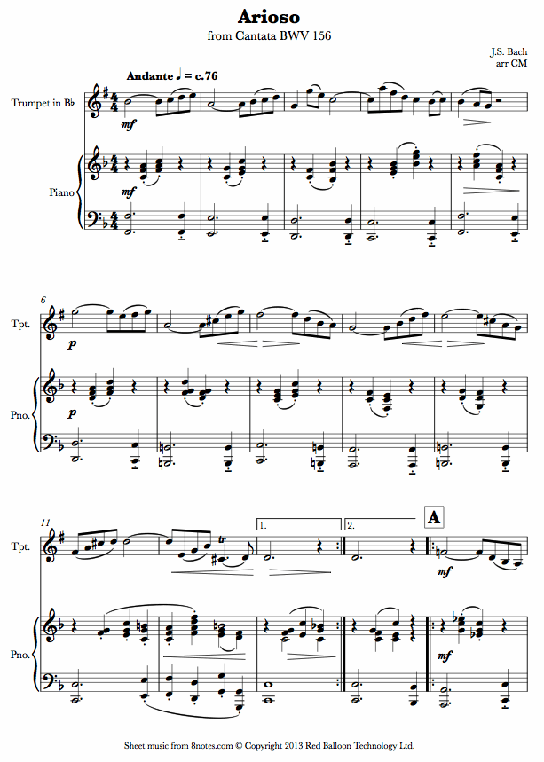 Bach - Arioso from Cantata BWV 156 sheet music for Trumpet Bach - Arioso from Cantata BWV 156 sheet music for Trumpet