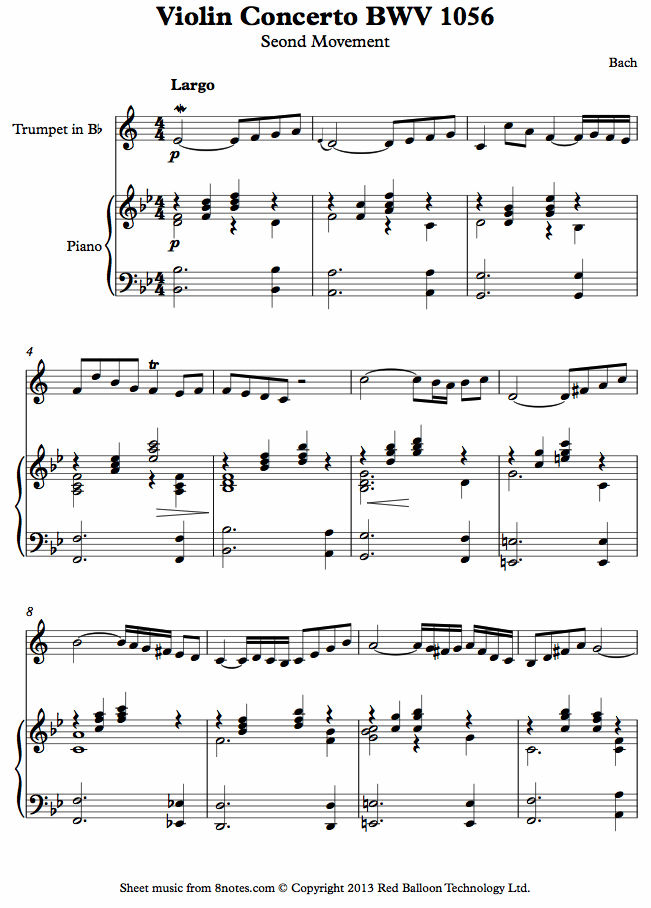 Bach - Violin Concerto 2nd mvt (arranged for trumpet) sheet music for Trumpet Bach - Violin Concerto 2nd mvt (arranged for trumpet) sheet music for Trumpet