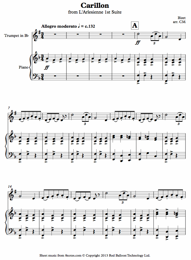 Bizet - Carillon from L'Arlesienne 1st Suite sheet music for Trumpet Bizet - Carillon from L'Arlesienne 1st Suite sheet music for Trumpet