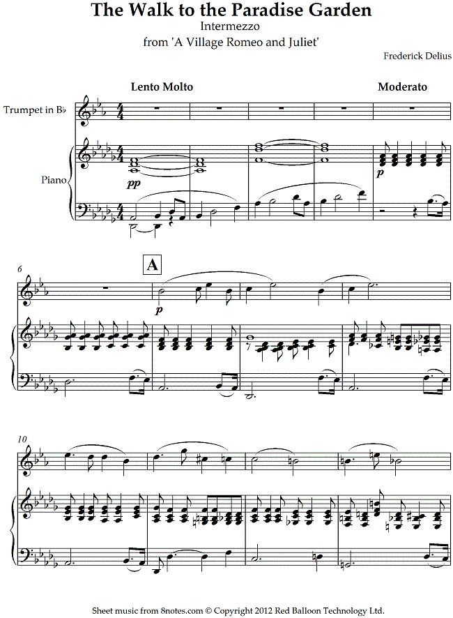Delius - The Walk to the Paradise Garden- Intermezzo from A Village Romeo and Juliet sheet music for Trumpet Delius - The Walk to the Paradise Garden- Intermezzo from A Village Romeo and Juliet sheet music for Trumpet