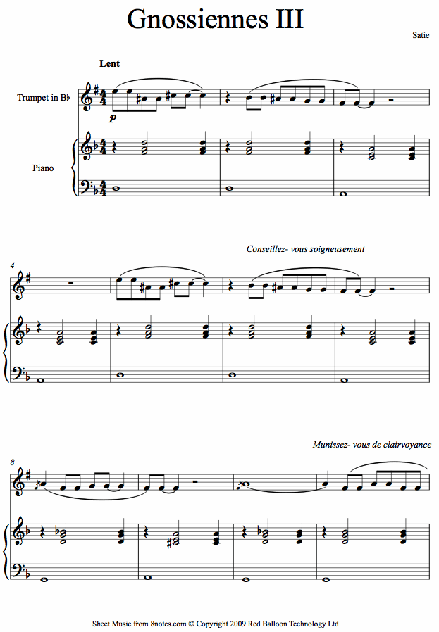 Satie - Gnossiennes no. 3 sheet music for Trumpet Satie - Gnossiennes no. 3 sheet music for Trumpet