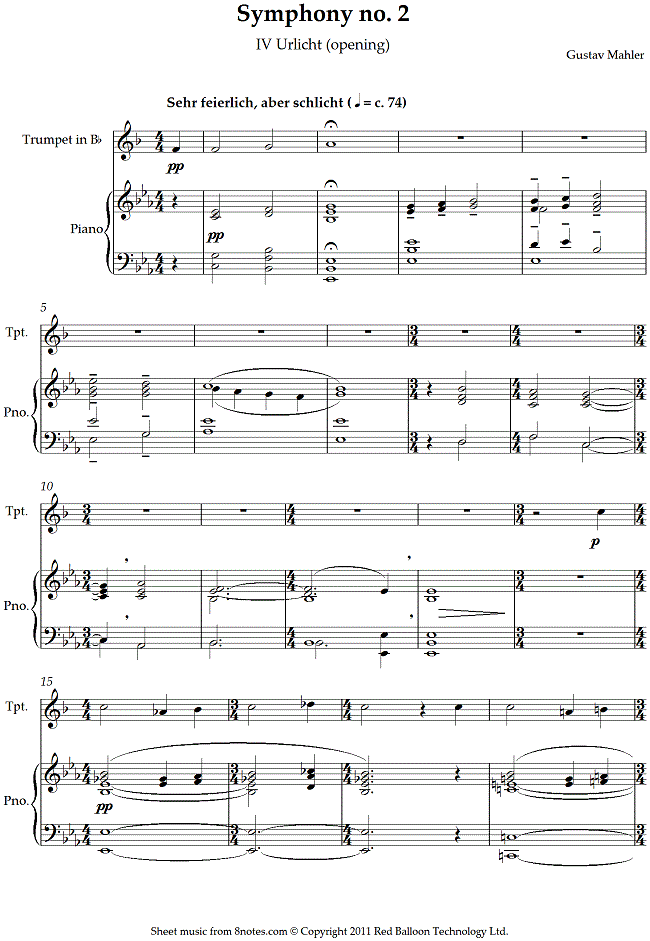 Mahler - Symphony no. 2 IV Urlicht (opening) sheet music for Trumpet Mahler - Symphony no. 2 IV Urlicht (opening) sheet music for Trumpet