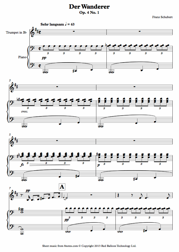 Schubert - Der Wanderer op.4 no.1 sheet music for Trumpet Schubert - Der Wanderer op.4 no.1 sheet music for Trumpet