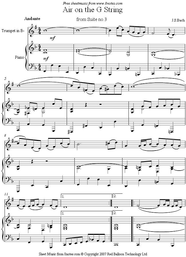 Bach - Air on a G String sheet music for Trumpet Bach - Air on a G String sheet music for Trumpet