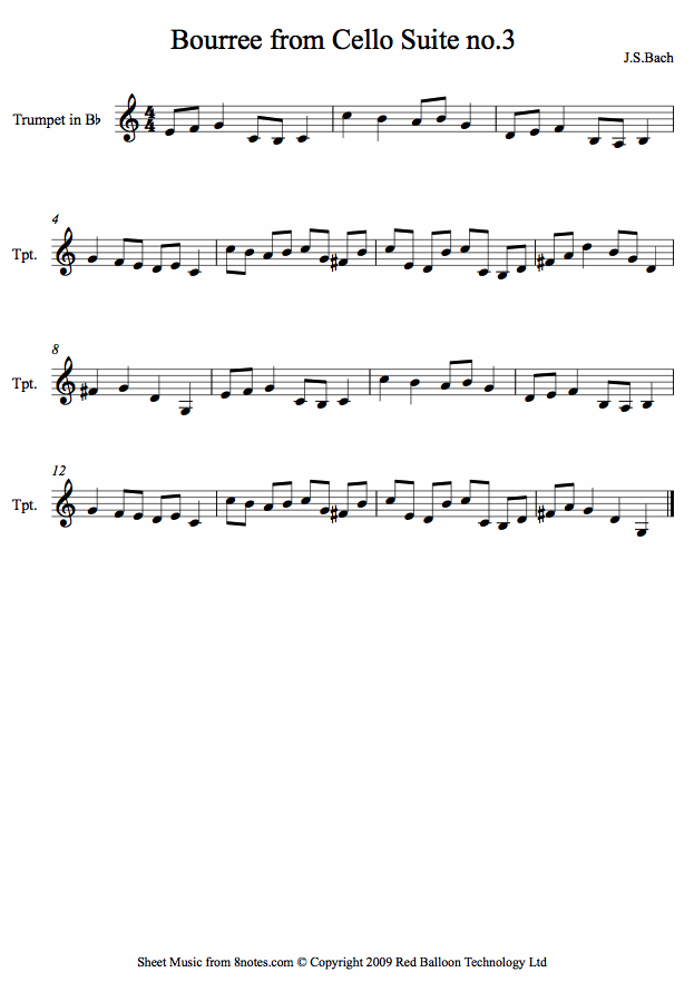 Bach - Bourree from Cello Suite no.3 sheet music for Trumpet Bach - Bourree from Cello Suite no.3 sheet music for Trumpet