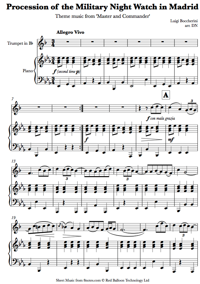 Luigi Boccherini - Procession of the Military Night Watch in Madrid (Theme from Master and Commander ) sheet music for Trumpet Luigi Boccherini - Procession of the Military Night Watch in Madrid (Theme from Master and Commander ) sheet music for Trumpet