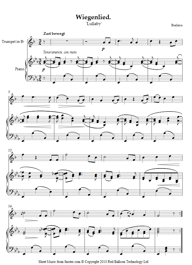 Brahms - Lullaby (Wiegenlied) sheet music for Trumpet Brahms - Lullaby (Wiegenlied) sheet music for Trumpet