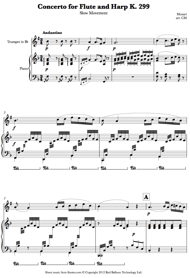 Mozart Concerto for Flute and Harp K. 299 Slow Movement sheet music