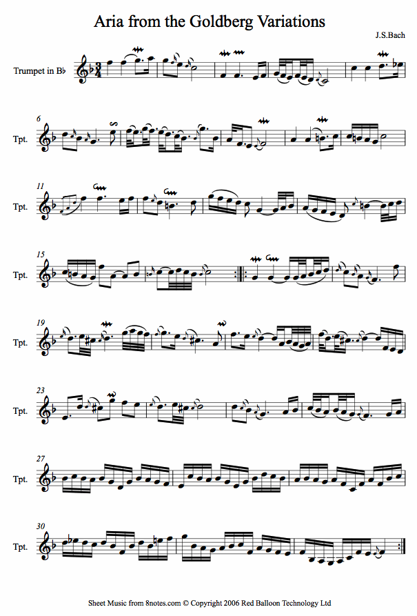 Bach - Aria from the Goldberg Variations sheet music for Trumpet Bach - Aria from the Goldberg Variations sheet music for Trumpet