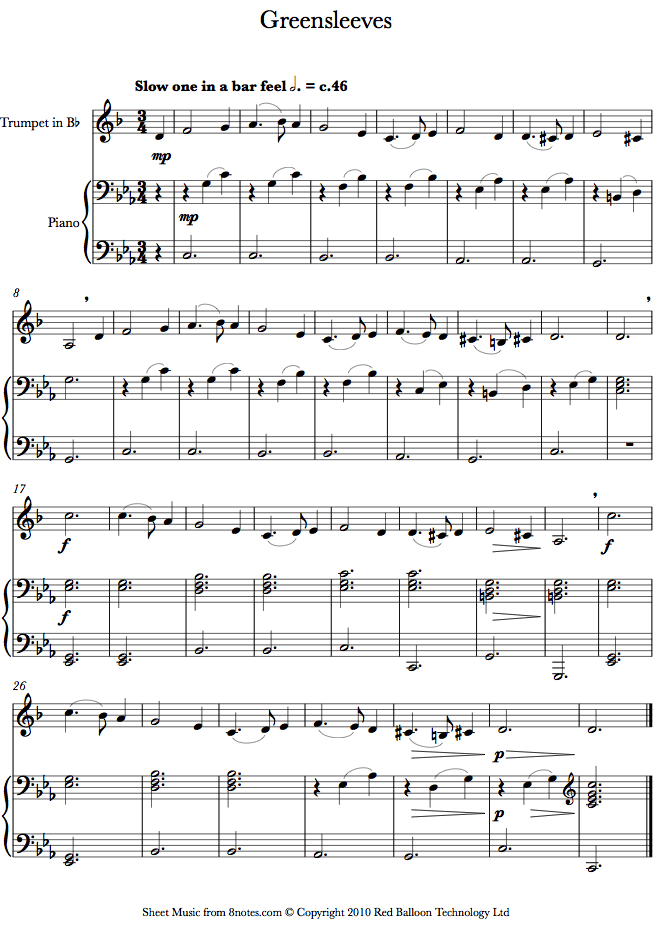 Greensleeves sheet music for Trumpet Greensleeves sheet music for Trumpet