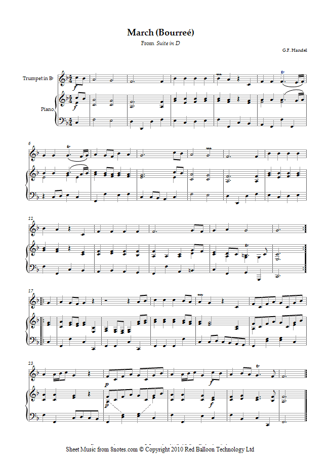 Handel - March -Bourree From Suite in D sheet music for Trumpet Handel - March -Bourree From Suite in D sheet music for Trumpet